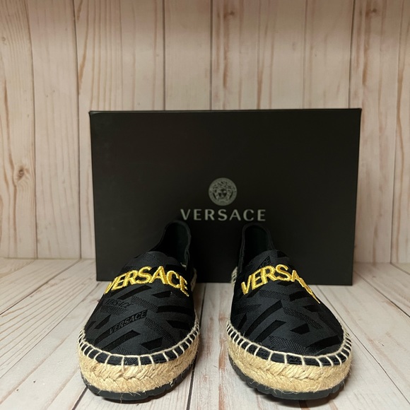 Versace Logo Jacquard Espadrille Flat Black/Gold Sz 36 / 6 - Picture 6 of 11